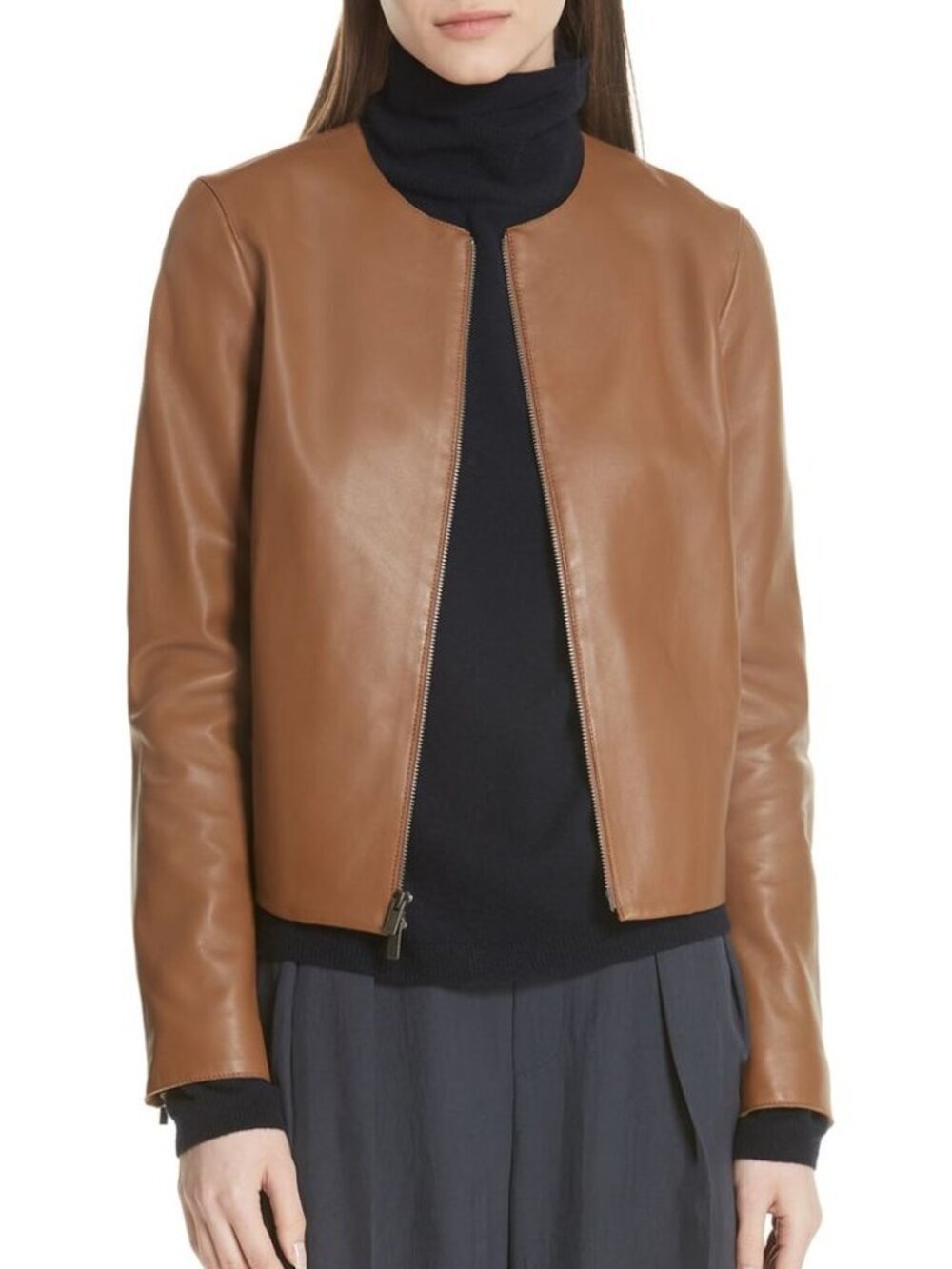 VINCE Saddle Brown Lamb Leather Zip Front Minimalist Collarless Jacket, Size S